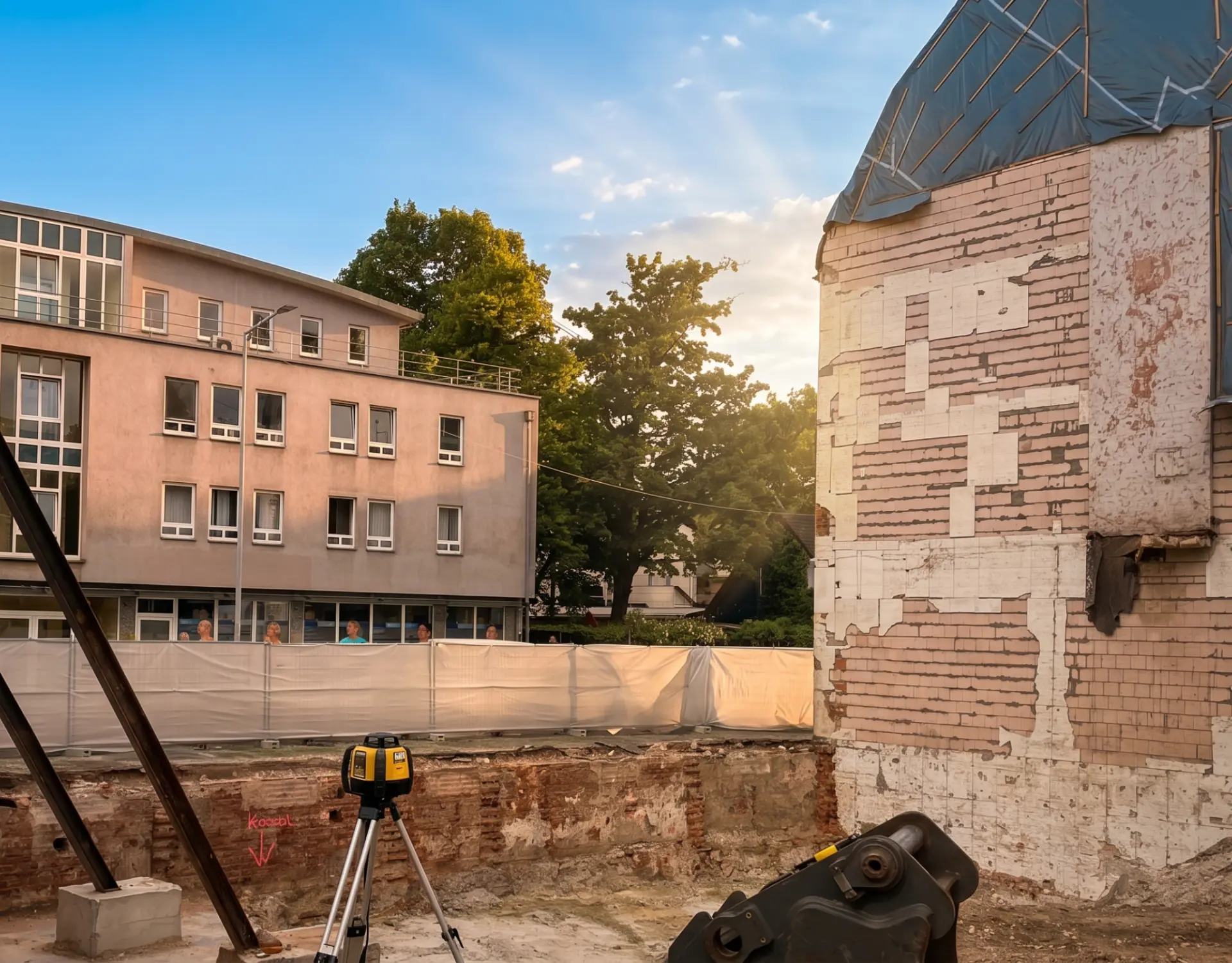 Baugrube mit Vermessungsgerät im Abendlicht