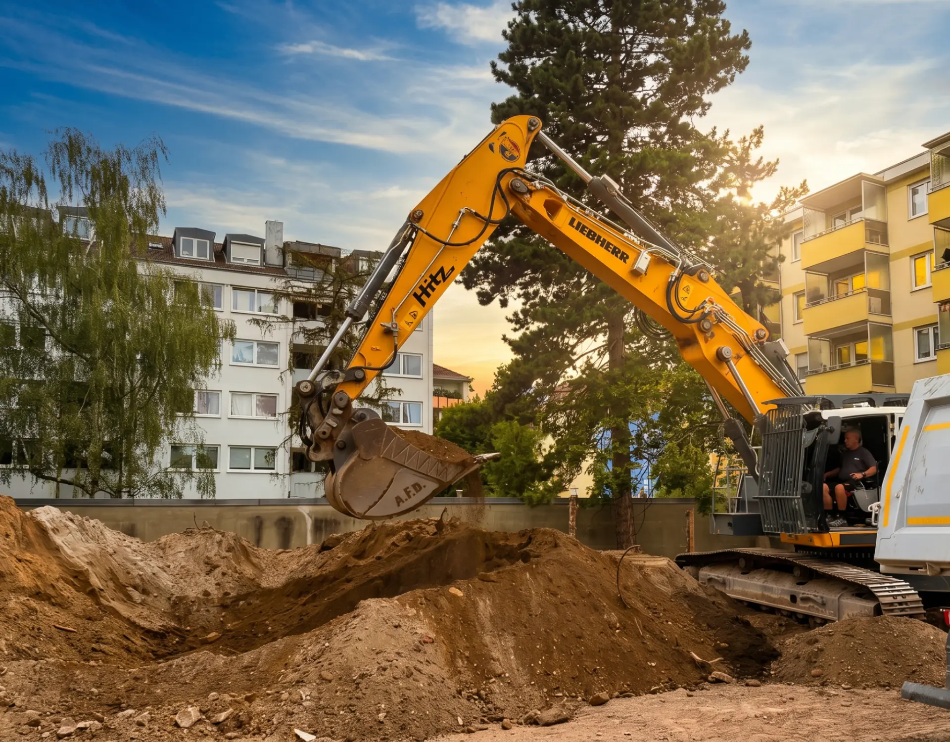 Bagger beim Aushub der Baugrube