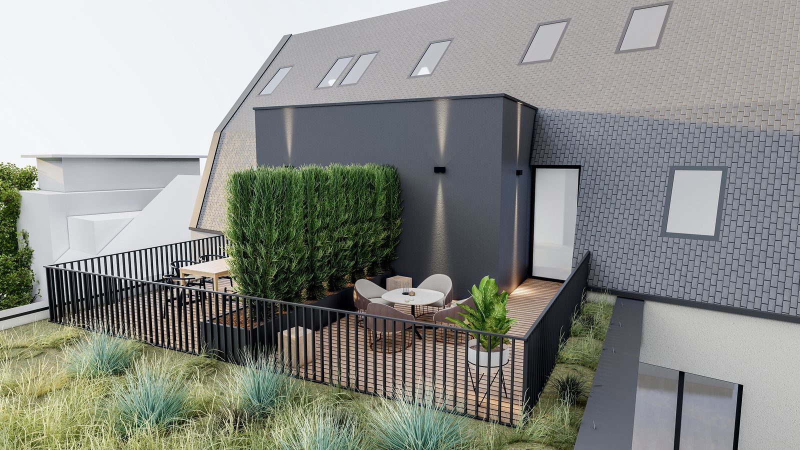 Dachterrasse einer Penthouse-Maisonette mit Sichtschutzhecke